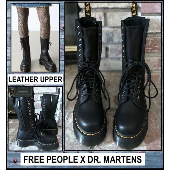 Free People Dr. Martens Black Tall Pisa 14-Eyelet Leather 1B99 Quad Boots Size 7 - Picture 1 of 9